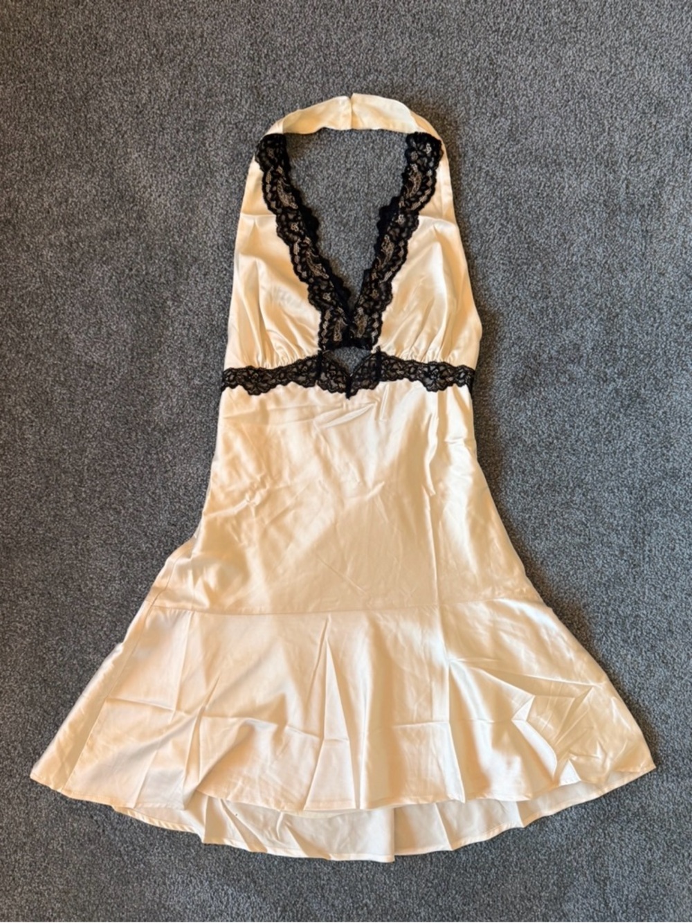 Silk-Feel Ivory Halter Chemise with Black Lace Trim